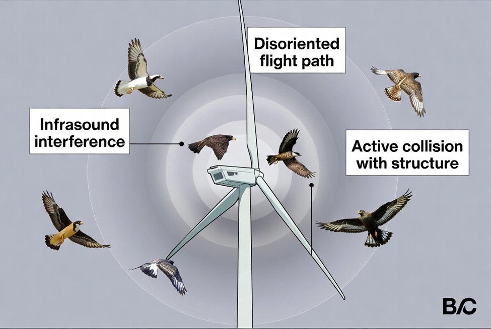 Birds disoriented by wind turbine infrasound colliding with structures