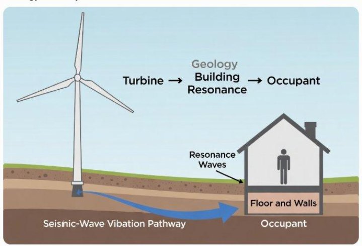 Seismic wave vibration pathway from wind turbine to occupant